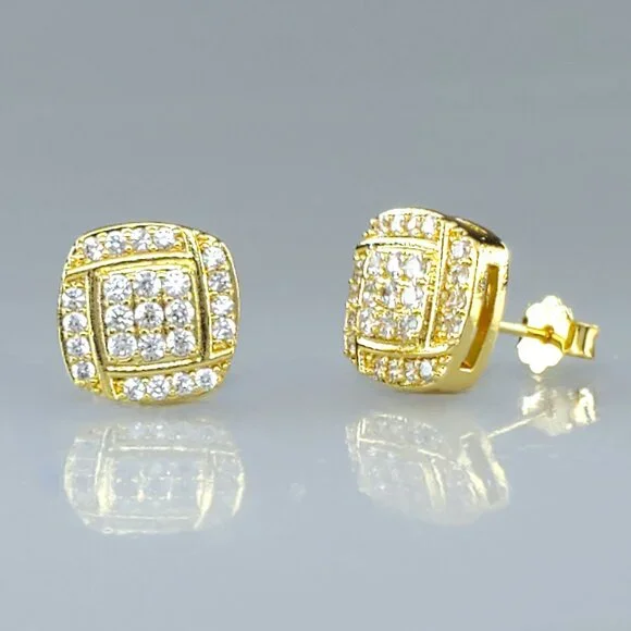 18K Gold Mens 2ct Diamond Square Stud Earrings Guys 18 Karat Silver New Jewelry